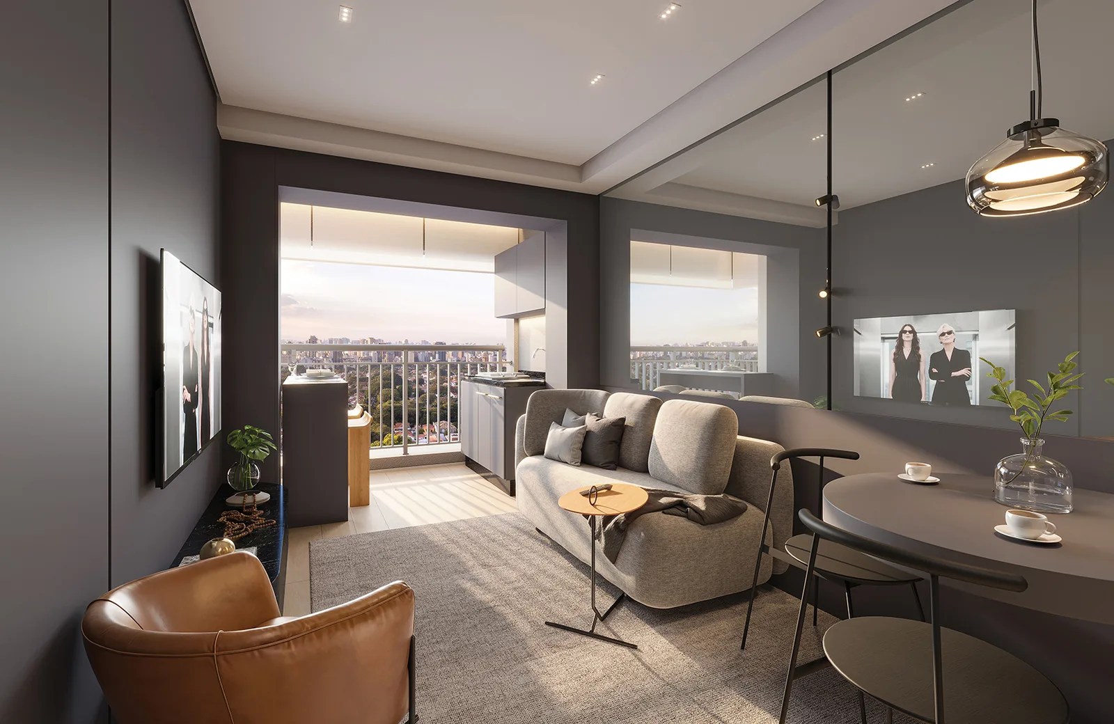 Apartamento de 38 m² com terraço integrado ao living