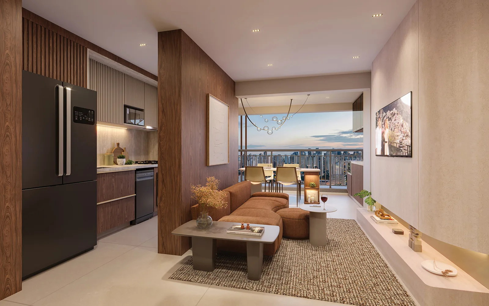 Living do apartamento de 75 m² com 2 suítes