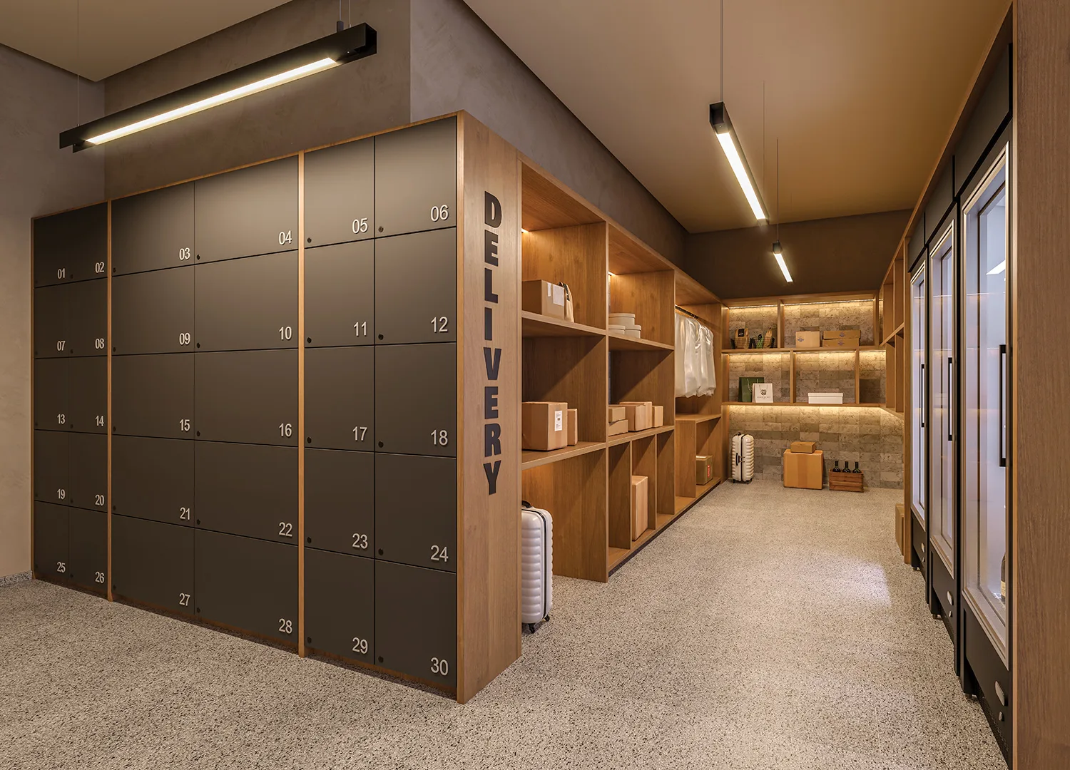 Sala de delivery com armários inteligentes
