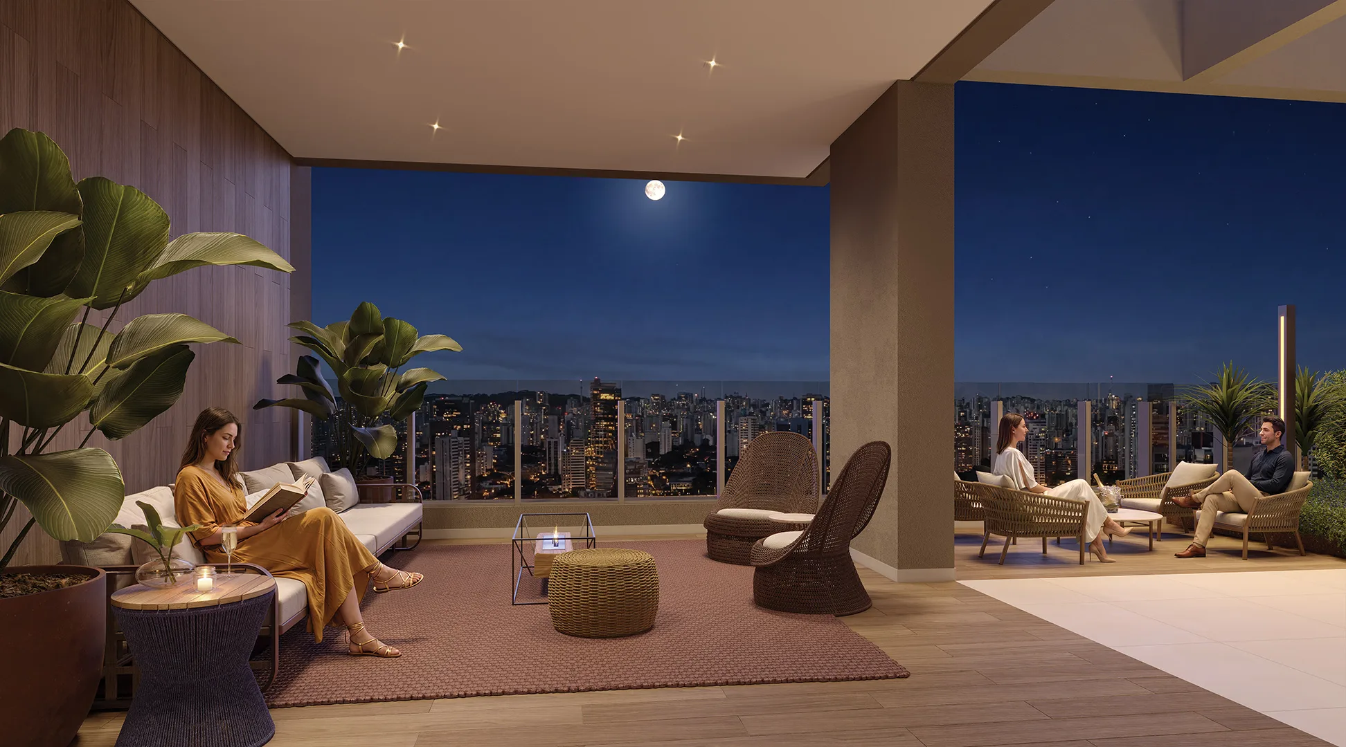 Lounge com lareira no rooftop, à noite