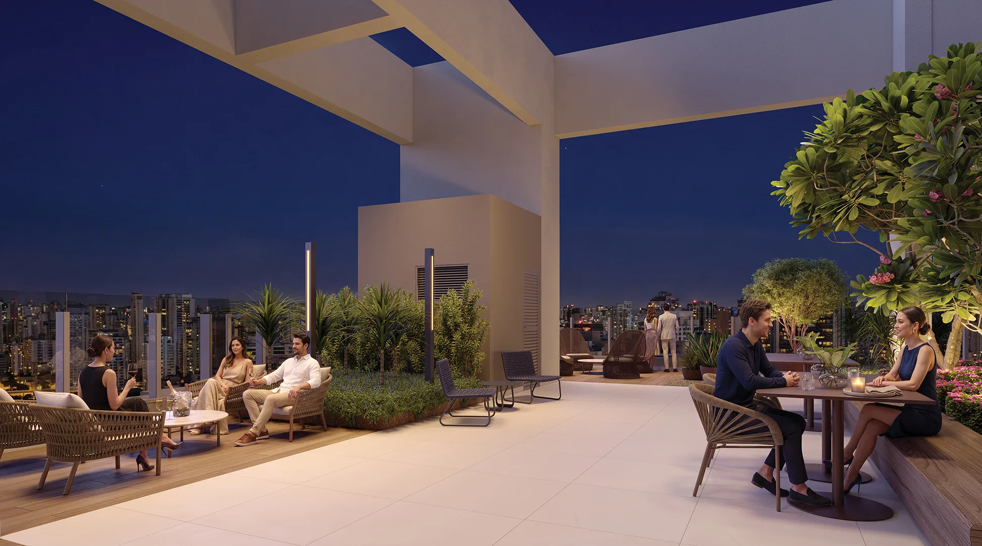 Lounge do rooftop com vista para a cidade