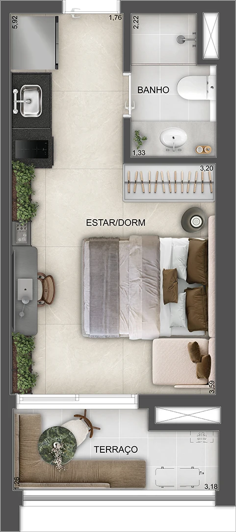 Planta do studio de 28 m²
