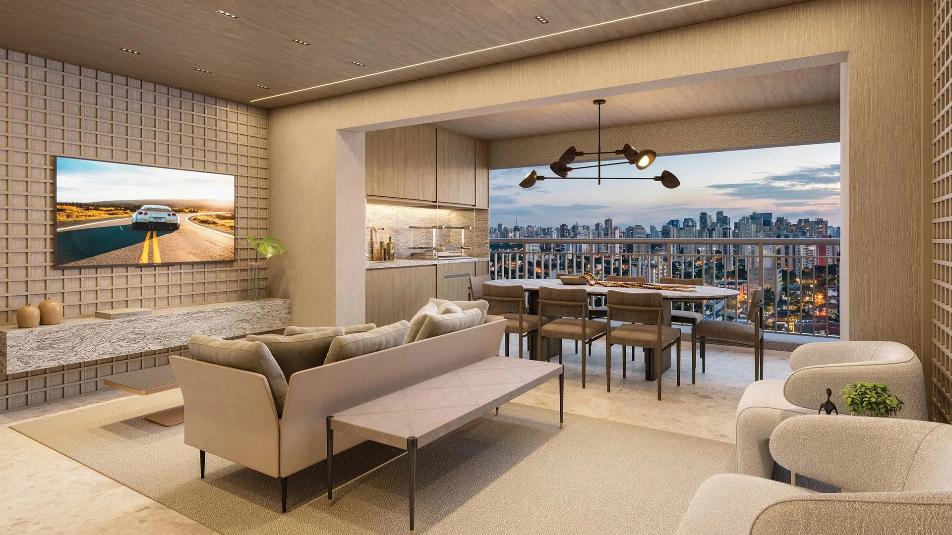 Living integrado ao terraço com vista para a cidade