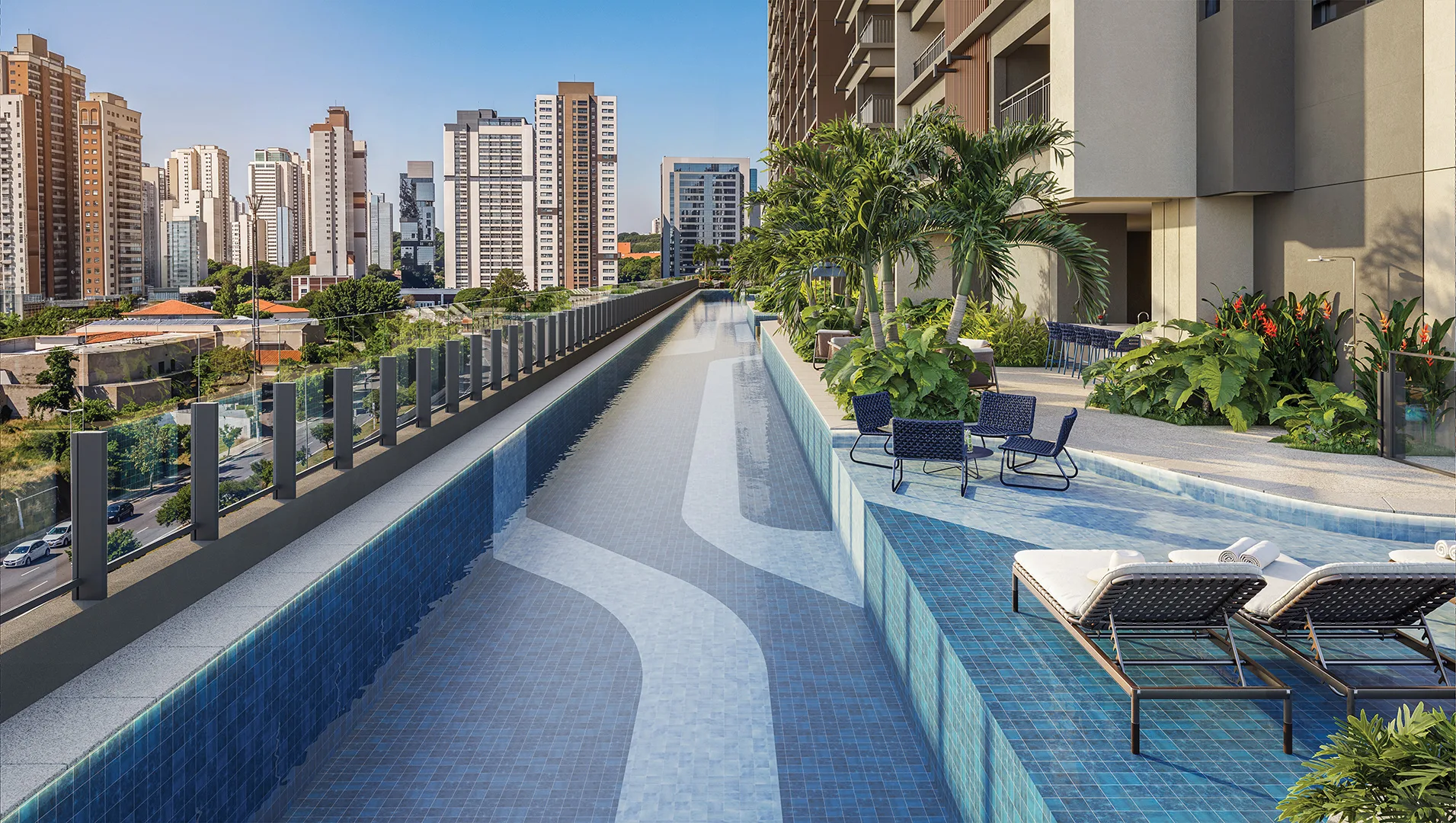 Piscina de 100 metros com decks molhados e ilhas de vegetação